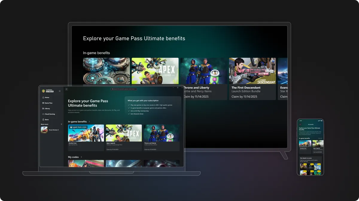 The Benefits Hub, shown across mobile, PC, and console