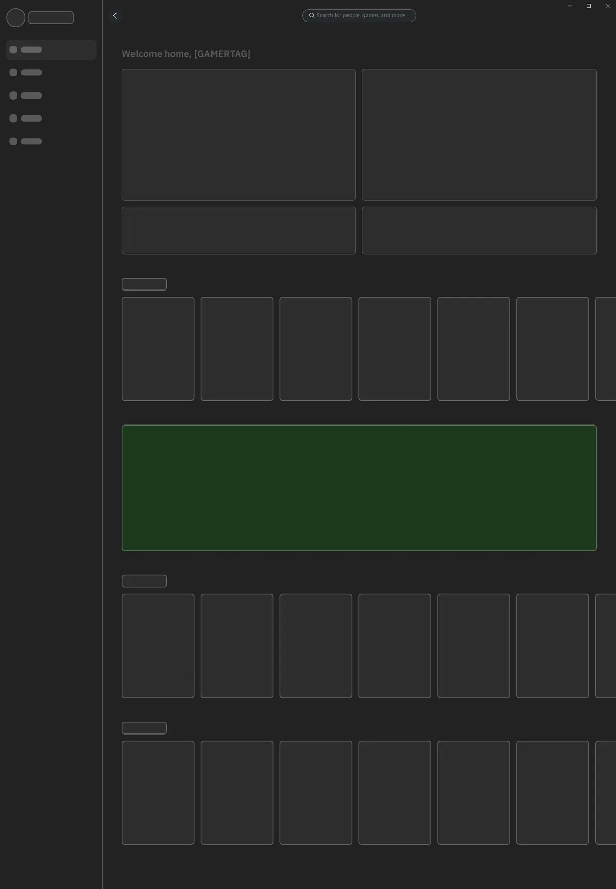 Home wireframe: green represents free-to-play titles being promoted on home.