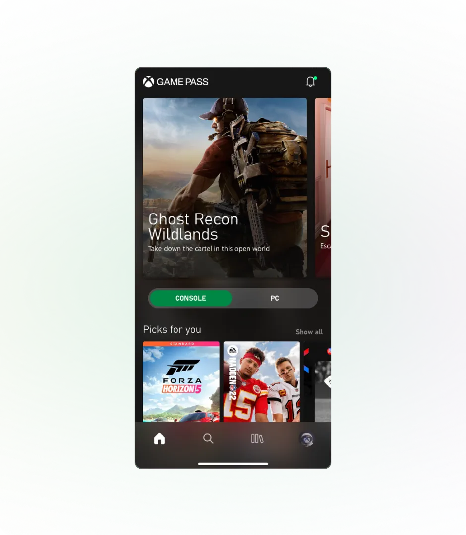 Game Pass App: Designed to provide a constant view of the Game Pass catalog and subscription benefits.